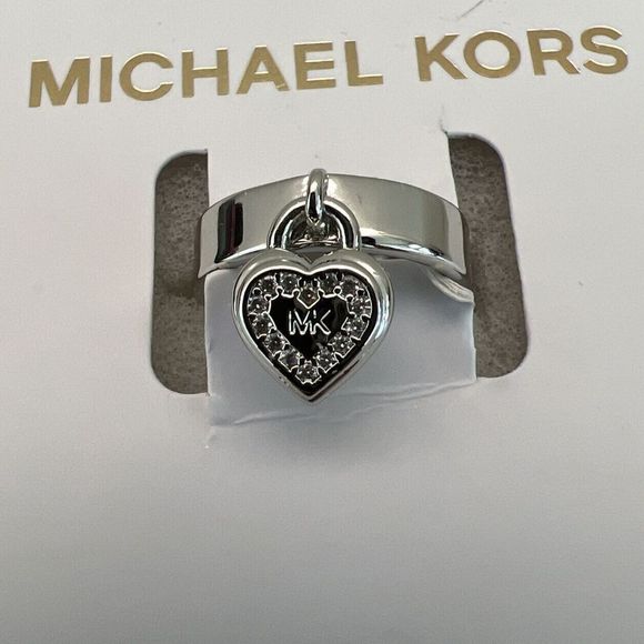 Michael Kors MKJX78890406 Sz 6 Silver-Tone "MK" Dangle Heart & Pave Stone Ring - Picture 5 of 14